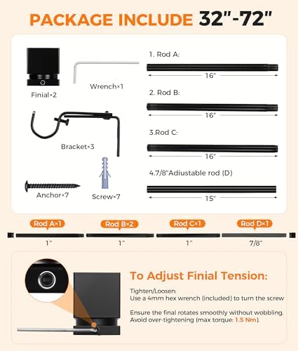 Adjustable Black Metal Curtain Rod 32-72 Inches
