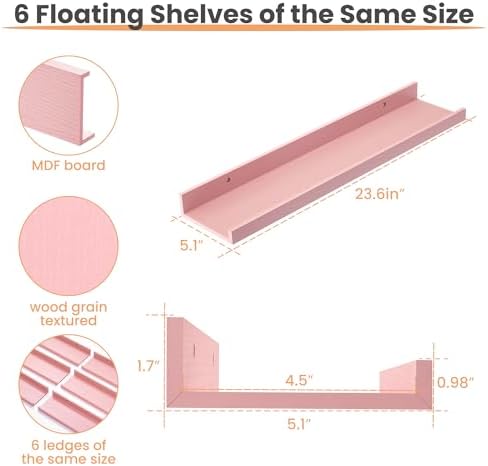 Upsimples Pink Floating Wall Shelves 6 Pack