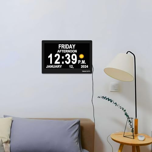 TROCOTN 10 Inch Digital Wall Clock with Day Date and Custom Alarms