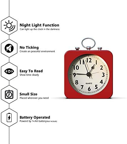 AYRELY Battery Operated Alarm Clock with Square Metal Case Red