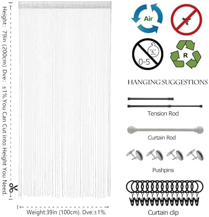 4 Piece White Beaded Curtain with Tassel Hanging Room Divider Decor Panel for Doors and Windows