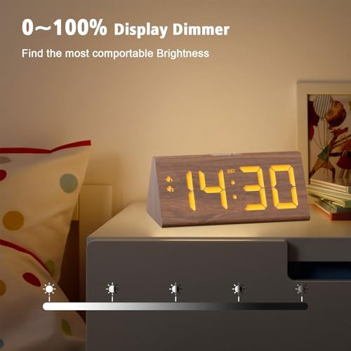 Wooden Digital Alarm Clock with Dual USB Ports and Dimmer