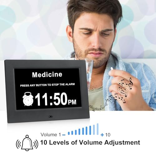 Large Black Dementia Clock with Day Date and 12 Alarms