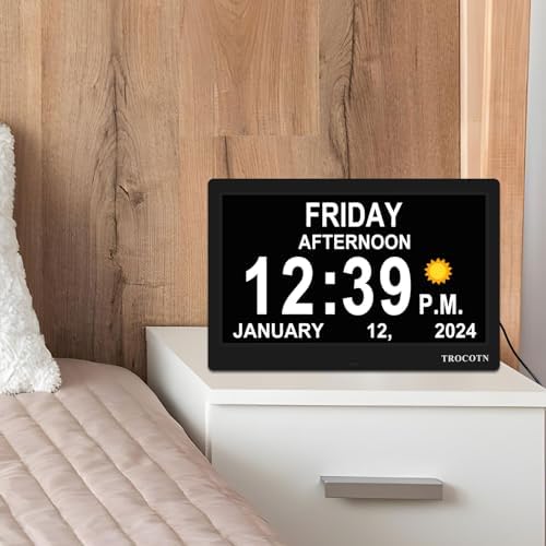 TROCOTN 10 Inch Digital Wall Clock with Day Date and Custom Alarms