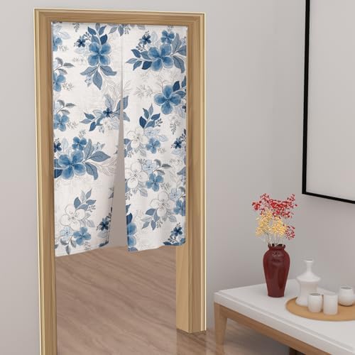 Blue Floral Noren Curtain for Home Decor