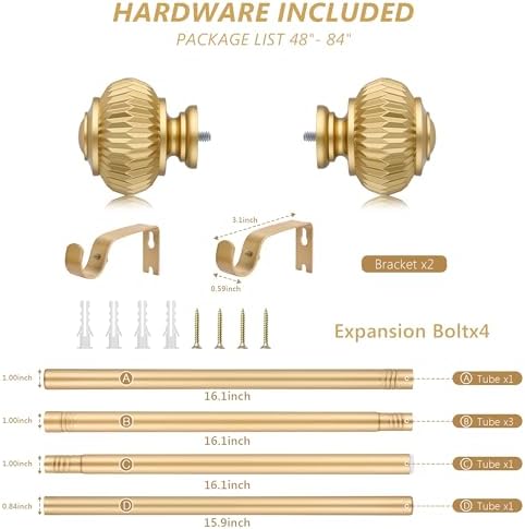 Gold Curtain Rods for Windows 48-84 Inches Adjustable Heavy Duty with Lantern Ball Finials