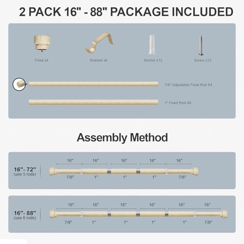 2 Pack White Oak Wood Grain Curtain Rods 1 Inch Diameter Adjustable Heavy Duty Boho Decorative for Windows