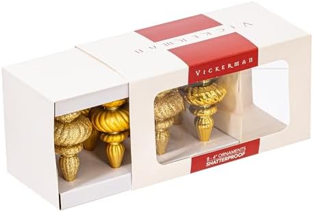 Vickerman 4 Inch Gold Finial Ornament Set 8 Pack