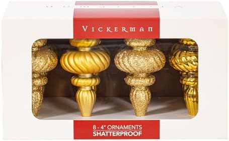 Vickerman 4 Inch Gold Finial Ornament Set 8 Pack