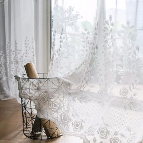 Pastoral Leaves Embroidery Sheer Curtains Panel White 52x63 Inch