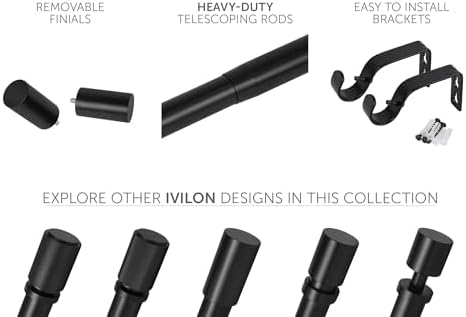 Ivilon Black Curtain Rods 1 Inch Diameter Modern Window Treatment 28 to 48 Inches