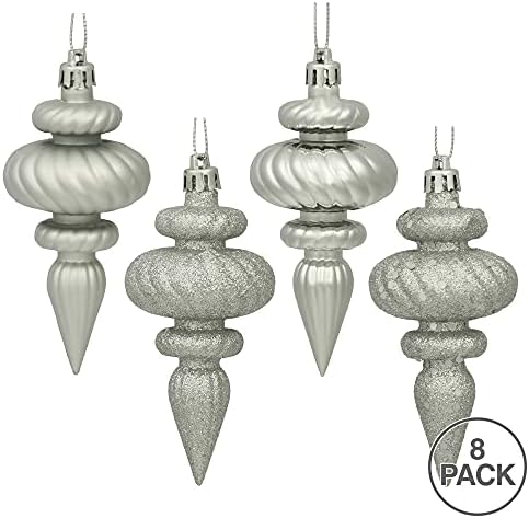 Vickerman 4-Inch Silver Finial Ornament Set - 8 Pack with 4 Finishes