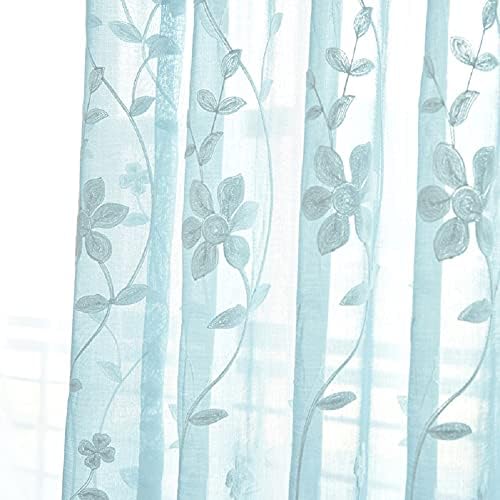 Iuokuby Natural Voile Curtains with Flower Embroidery Blue 2 Panels