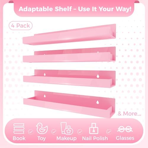 4 Pack Pink Acrylic Floating Shelves for Kids Room and Home Decor