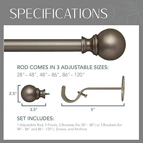 Elrene Cordelia Adjustable Single Curtain Rod with Globe Ball Finials 1 Inch Diameter Antique Pewter