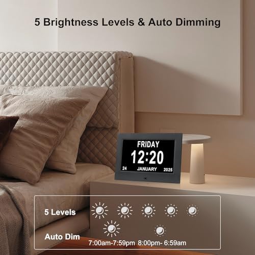 Large Black Dementia Clock with Day Date and 12 Alarms