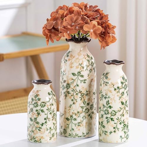 Set of 3 Ceramic Vases Vintage Green and Beige