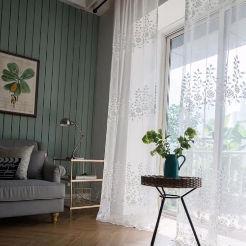 Pastoral Leaves Embroidery Sheer Curtains Panel White 52x63 Inch