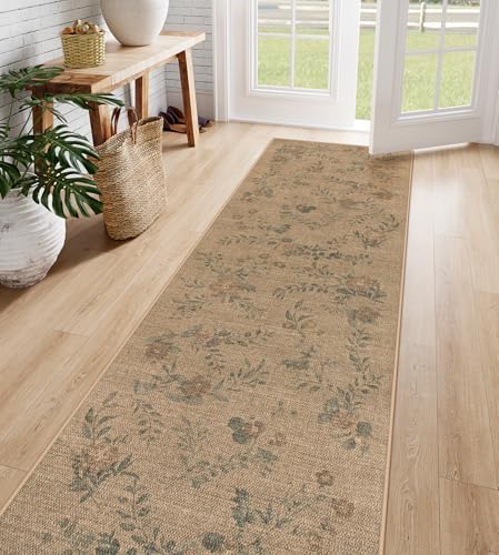 Lahome Floral Jute Hallway Rug 2x8 Non Slip Washable Carpet for Entryway