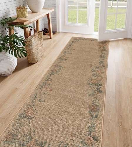 Lahome Floral Jute Runner Rug 2x8 Non Slip Indoor Outdoor