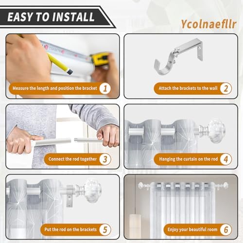 Silver Curtain Rod 48-84 Inches Heavy Duty Adjustable with Marble Finials