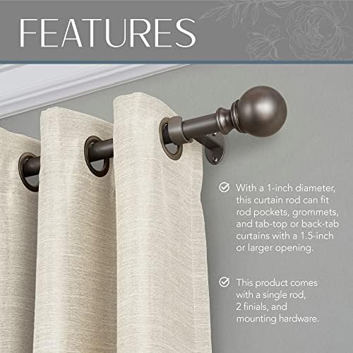Elrene Cordelia Adjustable Single Curtain Rod with Globe Ball Finials 1 Inch Diameter Antique Pewter