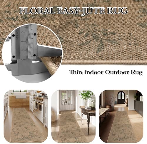 Lahome Floral Jute Hallway Rug 2x8 Non Slip Washable Carpet for Entryway