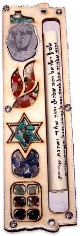 Holy Land Market Star of David Mezuzah with Gemstones - 3 Layers Wooden Mezuzah 17cm