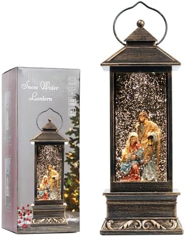 12 Inch Christmas Snow Globe with Nativity Scene and Music LED Light Lantern - USB or Battery Operated Home Decor Gift