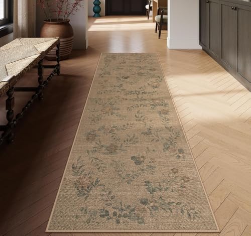 Lahome Floral Jute Hallway Rug 2x8 Non Slip Washable Carpet for Entryway