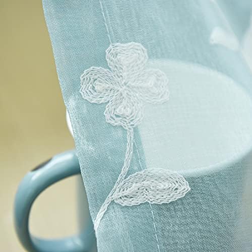 Iuokuby Natural Voile Curtains with Flower Embroidery Blue 2 Panels