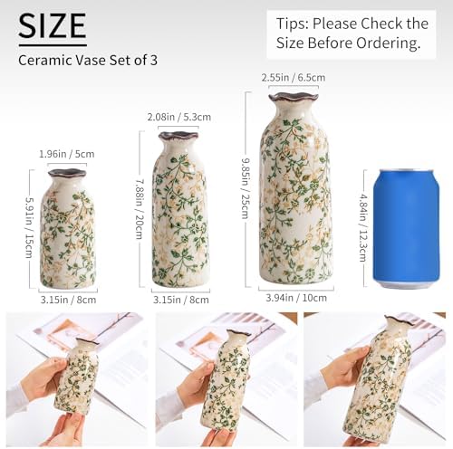 Set of 3 Ceramic Vases Vintage Green and Beige