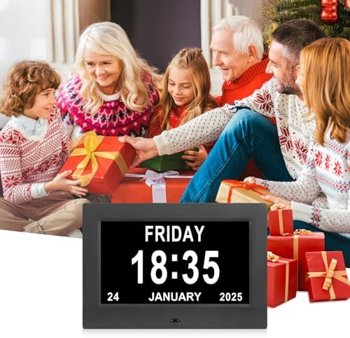 Large Black Dementia Clock with Day Date and 12 Alarms