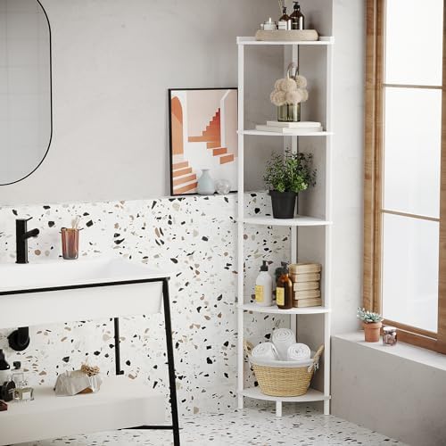 SUNMORY 5 Tier Corner Shelf Stand for Living Room Decor Wall Corner Bookshelf Storage White
