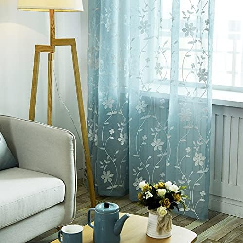Iuokuby Natural Voile Curtains with Flower Embroidery Blue 2 Panels