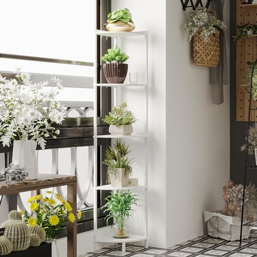 SUNMORY 5 Tier Corner Shelf Stand for Living Room Decor Wall Corner Bookshelf Storage White