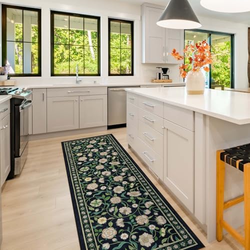 Moynesa Floral Hallway Runner Rug 6ft Non-Slip Black