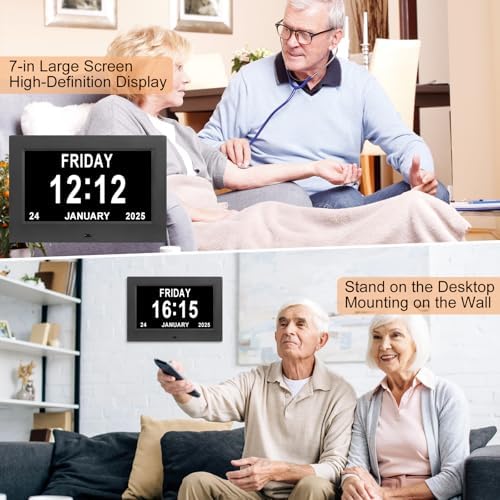 Large Black Dementia Clock with Day Date and 12 Alarms