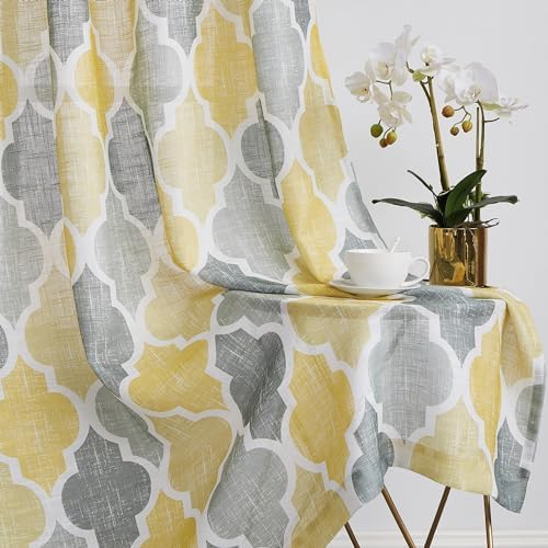 Beauoop Linen Semi Sheer Curtains 2 Panels Yellow Grey