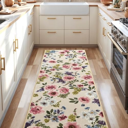 Boho Floral Rug Runner for Hallway Kitchen Non-Slip Soft Machine Washable