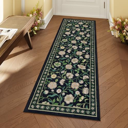 Moynesa Floral Hallway Runner Rug 6ft Non-Slip Black