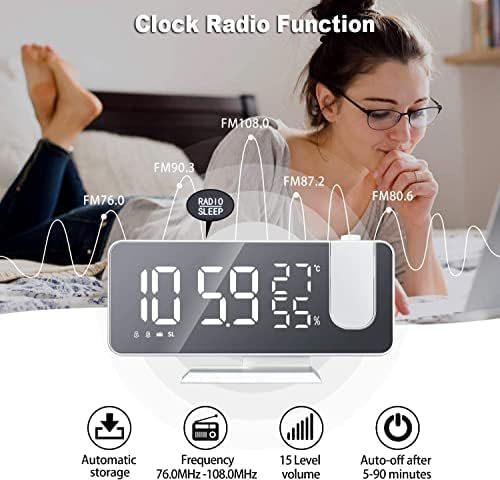 Hanaix Projection Alarm Clock with USB Temperature Humidity Display 73 Mirror Screen 24H Snooze Dual Alarm