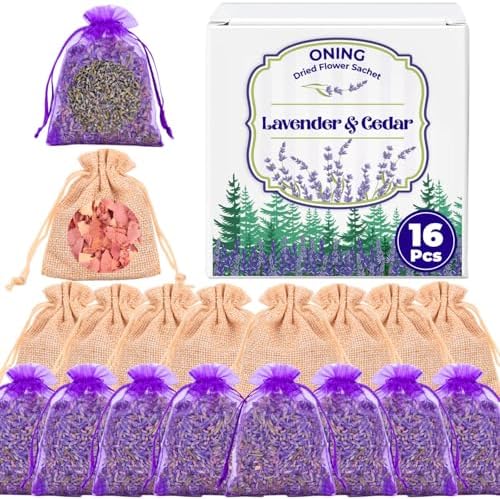 16 Pack Lavender Sachet Bags Cedar Chips Set - Natural Premium Dried Lavender Flowers for Home Fragrance