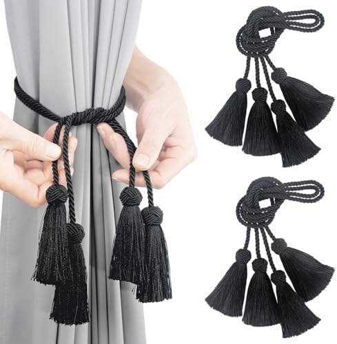 Elegant Black Rope Curtain Tiebacks with Tassels 4 Pack