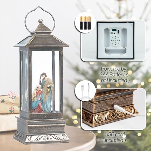 12 Inch Christmas Snow Globe with Nativity Scene and Music LED Light Lantern - USB or Battery Operated Home Decor Gift