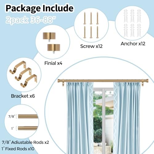 2 Pack Warm Gold Curtain Rods for Windows 36-88 Inches