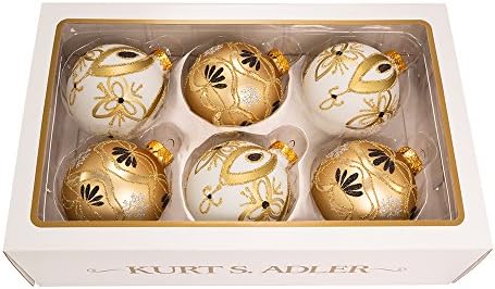 Kurt Adler 80MM Glass Gold and White Art Deco Ornaments 6 Piece Set