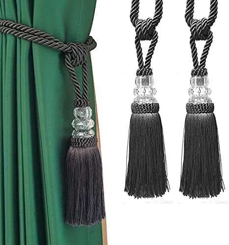 Fenghuangwu Tassel Curtain Tiebacks Elegant Crystal Holdbacks for Home Office Decor Charcoal 2P