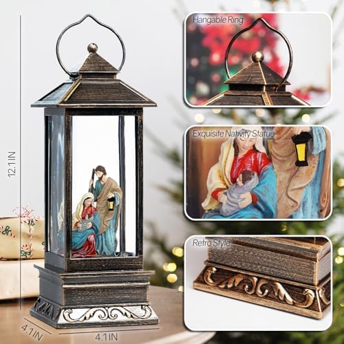 12 Inch Christmas Snow Globe with Nativity Scene and Music LED Light Lantern - USB or Battery Operated Home Decor Gift