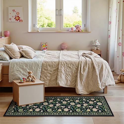 Moynesa Floral Hallway Runner Rug 6ft Non-Slip Black